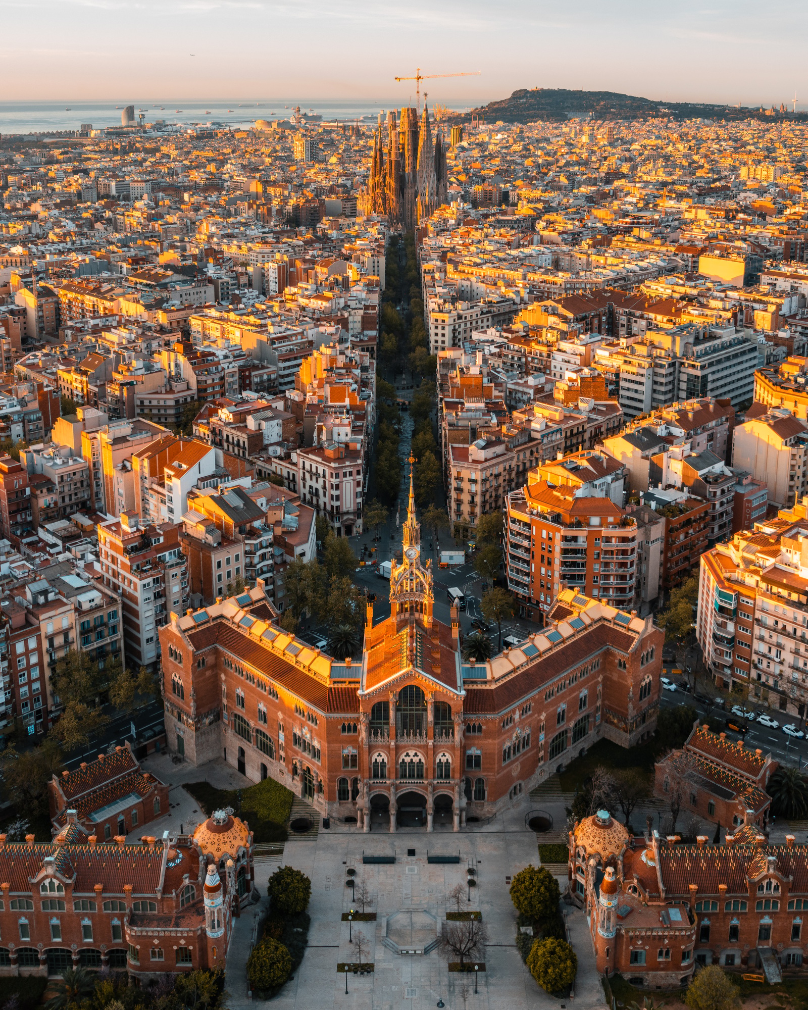 Aerial view of Barcelona Eixample residential district and Sagrada Familia Basilica at sunrise